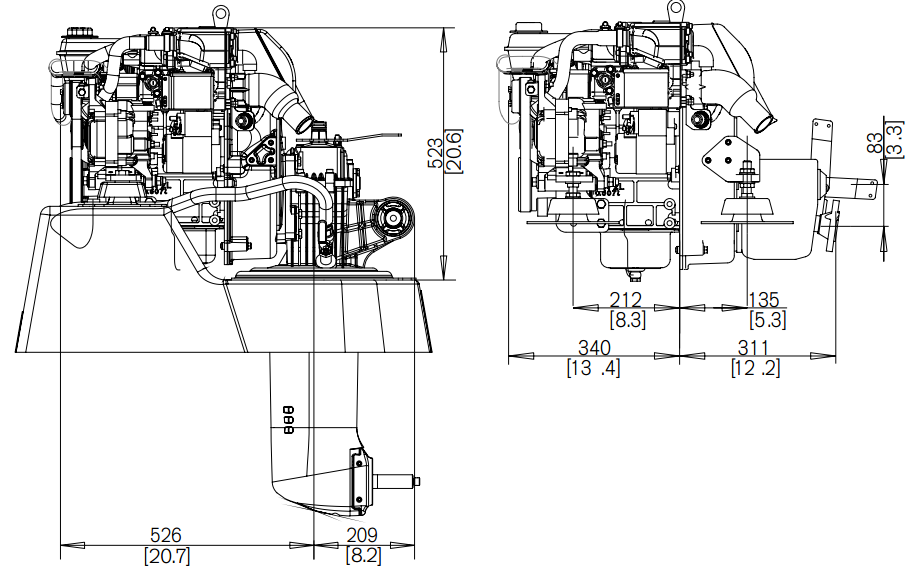 Schémas et dimensions moteur D1-13 avec inverseur ou embase MS15120S