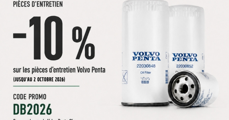 Promotion jusqu'au 2 octobre 2026 sur une sélection de pièces et kits Volvo Penta avec DB Moteurs
